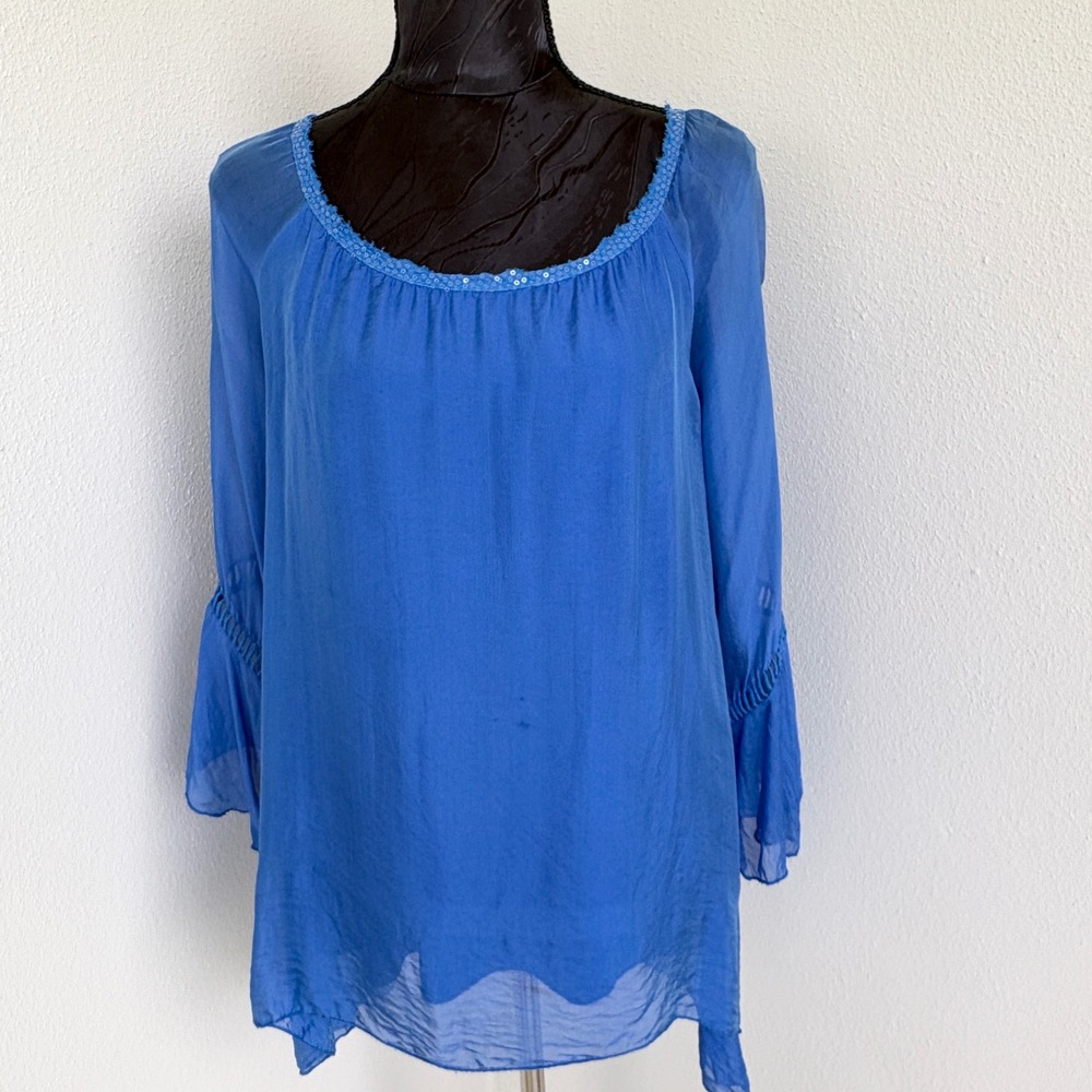 Made in Italy Silk Blend Sequin Bell‎ Sleeve Tunic, Womens OS Blue